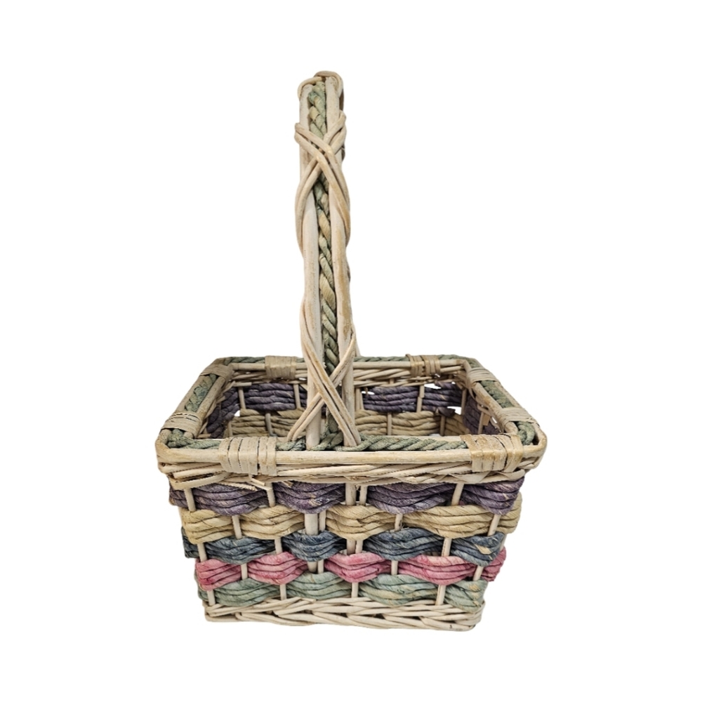 Square Woven Wicker Decorative Basket with Handles, Beige Green Purple Pink Blue